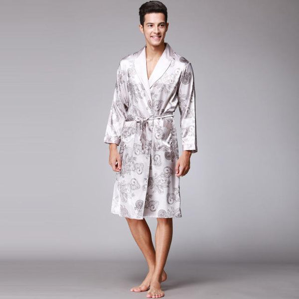 Coffee And Navy Blue Men Silk Robes 2016 Male Senior Satin Sleepwear Summer Long Paisley Pattern Robe Set Long Sleeves Nightgown