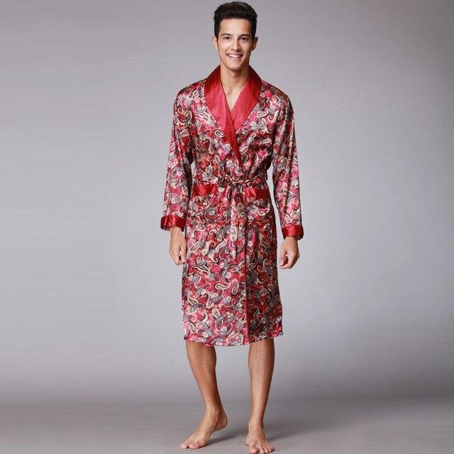 Coffee And Navy Blue Men Silk Robes 2016 Male Senior Satin Sleepwear Summer Long Paisley Pattern Robe Set Long Sleeves Nightgown
