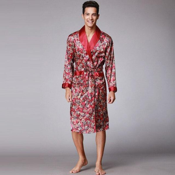 Coffee And Navy Blue Men Silk Robes 2016 Male Senior Satin Sleepwear Summer Long Paisley Pattern Robe Set Long Sleeves Nightgown