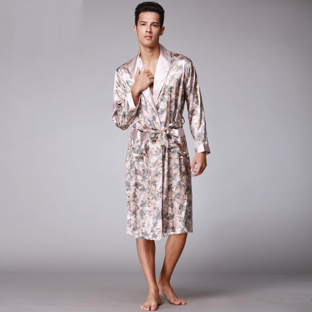 Coffee And Navy Blue Men Silk Robes 2016 Male Senior Satin Sleepwear Summer Long Paisley Pattern Robe Set Long Sleeves Nightgown