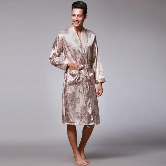 Coffee And Navy Blue Men Silk Robes 2016 Male Senior Satin Sleepwear Summer Long Paisley Pattern Robe Set Long Sleeves Nightgown