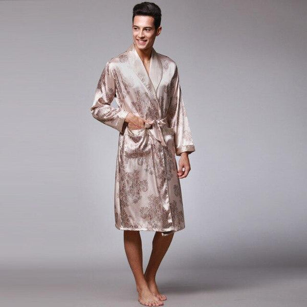 Coffee And Navy Blue Men Silk Robes 2016 Male Senior Satin Sleepwear Summer Long Paisley Pattern Robe Set Long Sleeves Nightgown