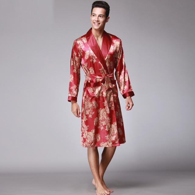 Coffee And Navy Blue Men Silk Robes 2016 Male Senior Satin Sleepwear Summer Long Paisley Pattern Robe Set Long Sleeves Nightgown