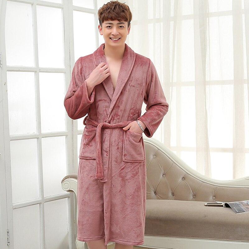 On Sale Men Soft as Silk Flannel Long Bath Robe Male Kimono Bathrobe Lovers Dressing Gown Winter Warm Robes Classic Nightgowns