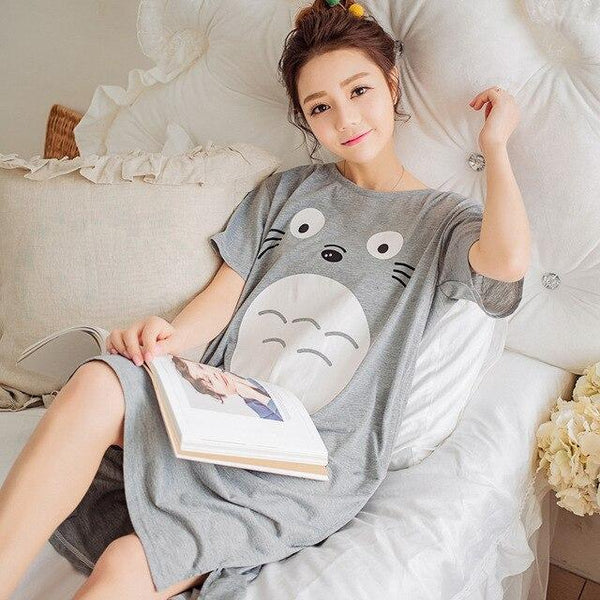 2017 New Summer Lady Long Nightgown Sleepshirts Cute Lovely Cartoon Animal Sleepwear Short Sleeve Cotton Women Nightdress Pijama