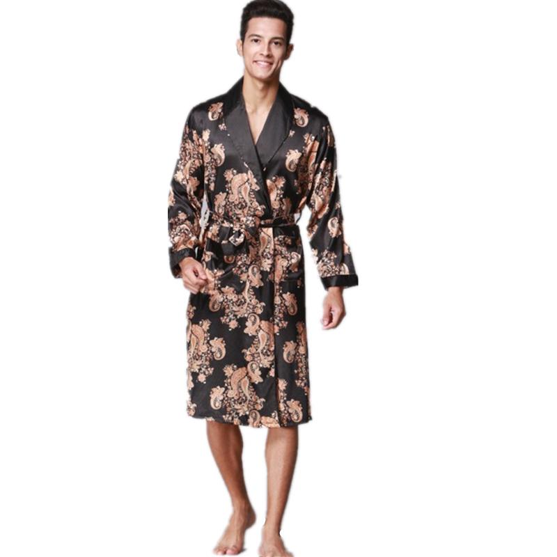 2018 Men's Luxury Satin Silk Printed Robes Bathrobe Loose Plus Size Nightgown Sleepwear Kimono Dressing Gown For Male