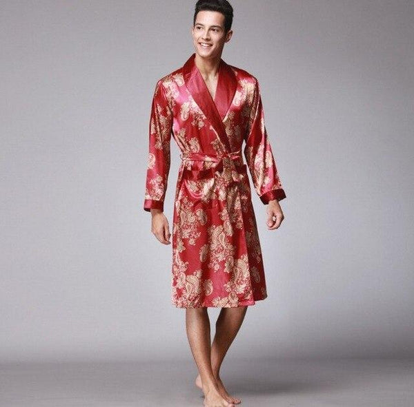 2018 Men's Luxury Satin Silk Printed Robes Bathrobe Loose Plus Size Nightgown Sleepwear Kimono Dressing Gown For Male