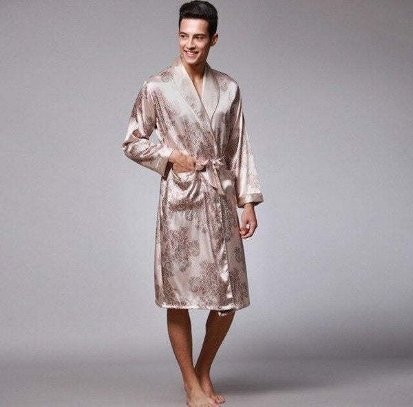 2018 Men's Luxury Satin Silk Printed Robes Bathrobe Loose Plus Size Nightgown Sleepwear Kimono Dressing Gown For Male