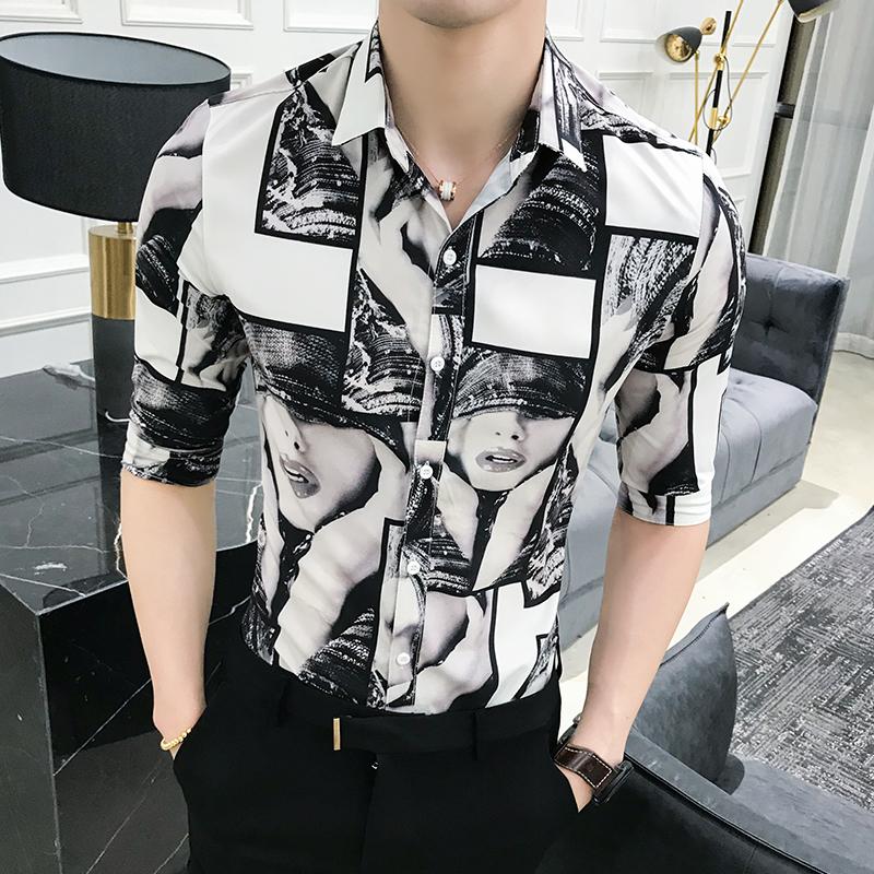 Quality Summer Men Shirt Personality Beauty Print Slim Fit Tuxedo Shirt Half Sleeve Casual Night Club Sexy Party Dress Shirts