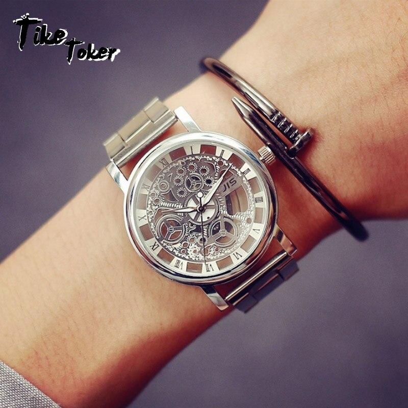TIke Toker New Brand Luxury Fashion Casual Stainless Steel Men Skeleton Watch Women Dress Wristwatch Steel Quartz Hollow Watches