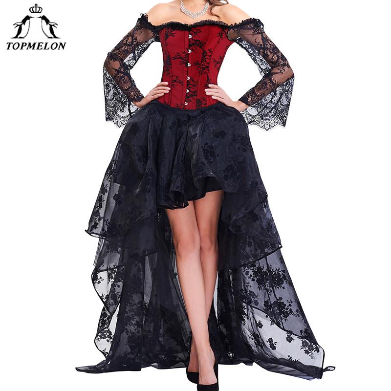 TOPMELON Steampunk Corset Dress Bustier Gothic Corselet Sexy Corsets Women Lace Off Shoulder Floral Party Hot Long Dresses