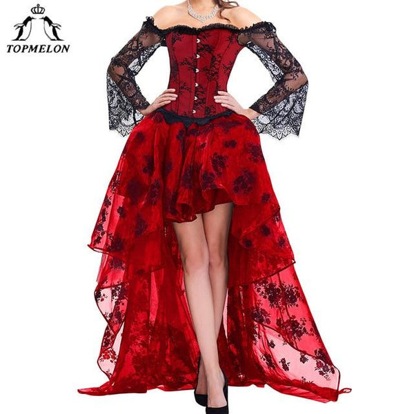 TOPMELON Steampunk Corset Dress Bustier Gothic Corselet Sexy Corsets Women Lace Off Shoulder Floral Party Hot Long Dresses