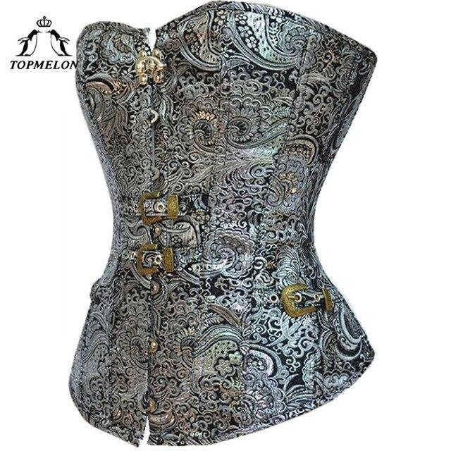 TOPMELON Silver Corset Women Bustier Corselet Sexy Corsets and Bustiers Back Lacing Buckles Floral Party Shows Club Party Tops