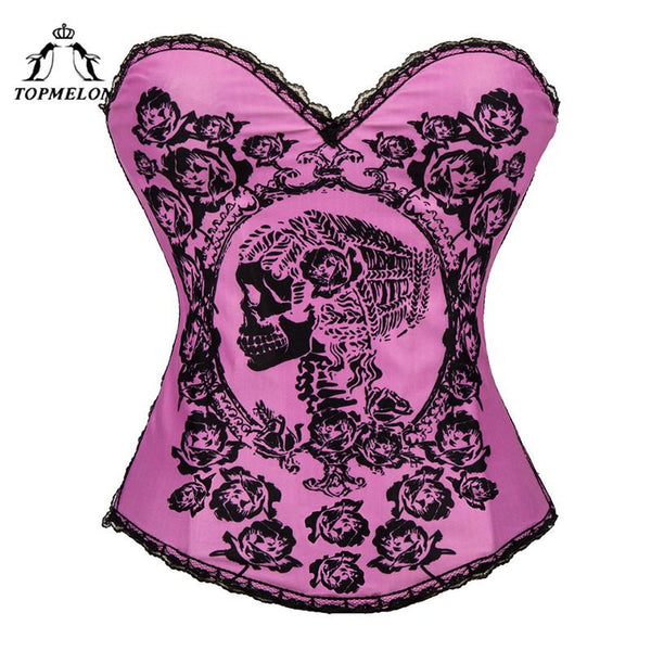 TOPMELON Corset Steampunk Bustier Gothic Corselet Sexy Corset Women Pink Lace Skull Flower Pattern Costume Party Corset Tops