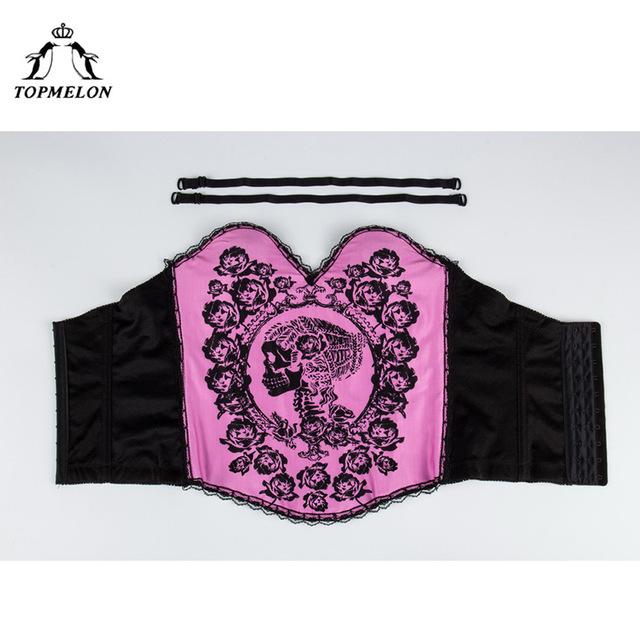 TOPMELON Corset Steampunk Bustier Gothic Corselet Sexy Corset Women Pink Lace Skull Flower Pattern Costume Party Corset Tops