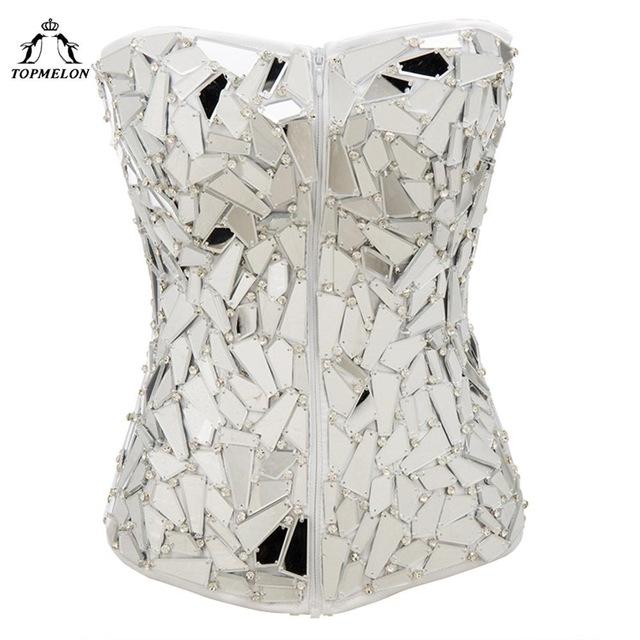 TOPMELON Sexy Corset Steampunk Bustier Modeling Strap Gothic Corselet Corset Women Fashion Sequined Plaid Party Club Corset Tops