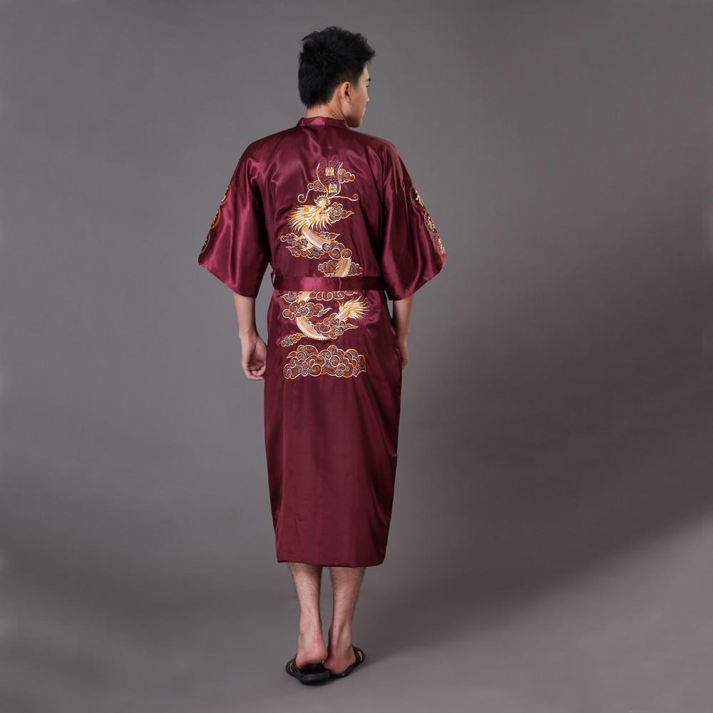 Oversize XXXL Burgundy Men's Kimono Bath Gown Chinese Style Silk Satin Robe Embroidery Dragon Nightgown Sleepwear Pijamas MR009