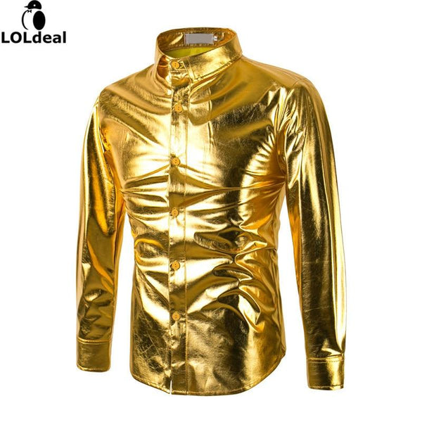 Loldeal Mens Trend Night Club Coated Metallic Halloween Gold Silver Button Down Shirts Party Shiny Long Sleeves Dress Shirts