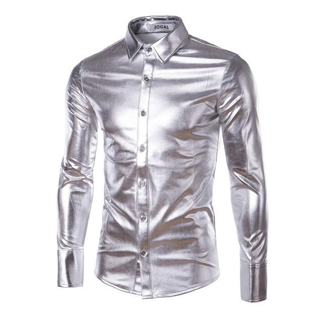Loldeal Mens Trend Night Club Coated Metallic Halloween Gold Silver Button Down Shirts Party Shiny Long Sleeves Dress Shirts