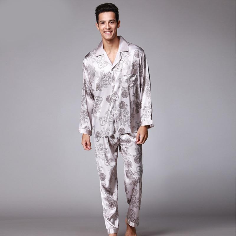 SSH004 High Quality Printed Wedding Mens Pajamas Satin Silk Nightgown Sleepwear Spring Autumn Male Full Sleeves Pants Pajama Set