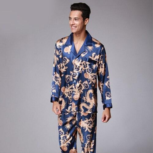 SSH004 High Quality Printed Wedding Mens Pajamas Satin Silk Nightgown Sleepwear Spring Autumn Male Full Sleeves Pants Pajama Set