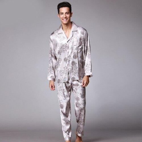 SSH004 High Quality Printed Wedding Mens Pajamas Satin Silk Nightgown Sleepwear Spring Autumn Male Full Sleeves Pants Pajama Set