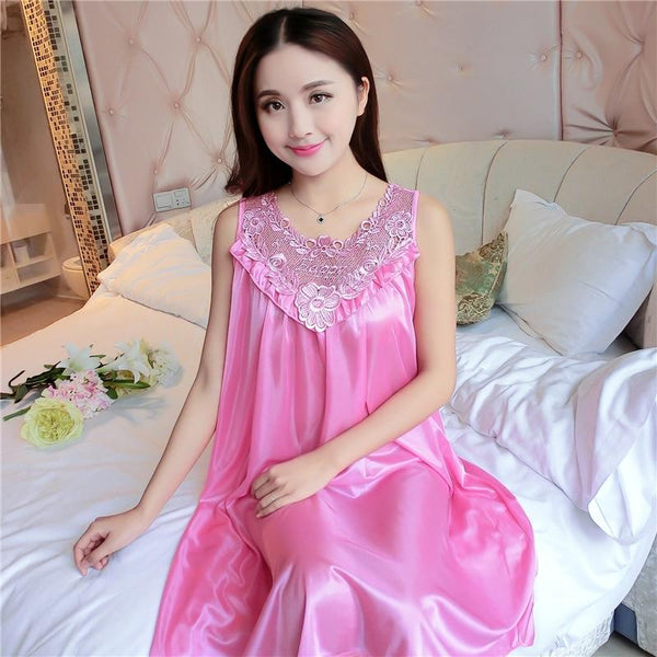 Plus Size 4XL Women's Sexy Silk Nightgowns Ladies Lace Long Sleepwear 2018 Summer Girls Sleeveless Loose Sleepdress Sleepshirts