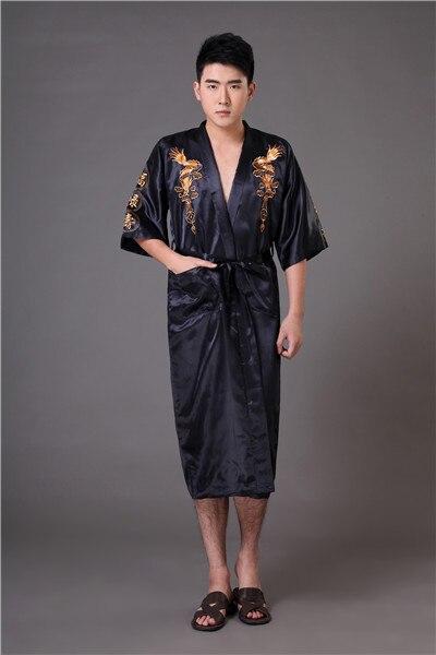 Black Chinese Men's Embroidery Dragon Robe Nightgown Hot Sale Silk Satin Sleepwear Kimono Gown Size S M L XL XXL XXXL MR008