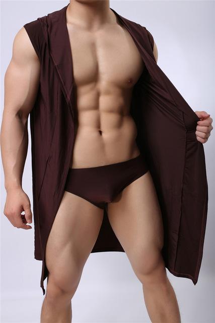 Sexy Men Sleeveless Hooded Silk Robe Gown Male Bathrobe Nightgown Cheap Men's Polyester Robes with Hood Black White Gray Coffee