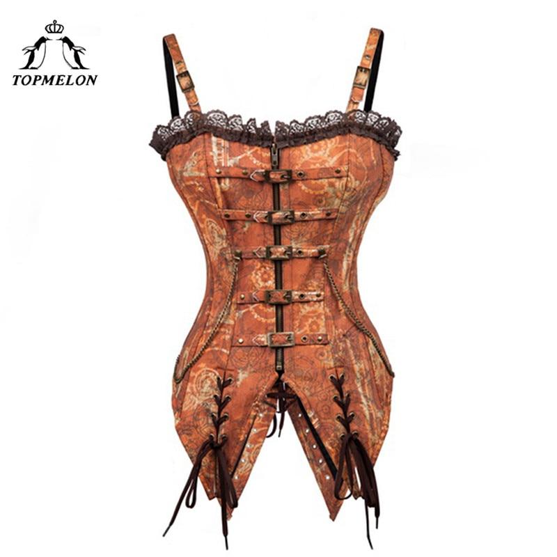 TOPMELON Retro Bustier Steampunk Tan Corset Women Gothic Corsets and Bustiers with Strap Corselet Buckle Gears Pattern Long Tops