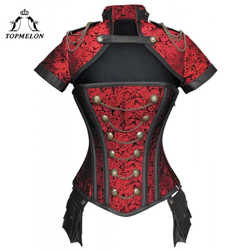 TOPMELON Steampunk Corset Gothic Steel Boned Flora Punk Bustiers Women Cut Out Chains Buttons Corselet Short Sleeve Bustier Tops