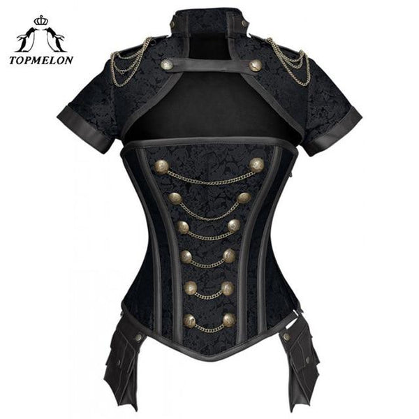 TOPMELON Steampunk Corset Gothic Steel Boned Flora Punk Bustiers Women Cut Out Chains Buttons Corselet Short Sleeve Bustier Tops