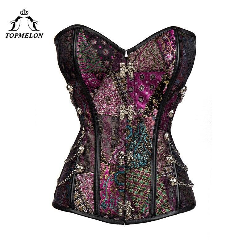 TOPMELON Gothic Corset and Wasit Cincher for Women Retro Steampunk Bustier Top with Chains Purple Slimming Floral Corselet