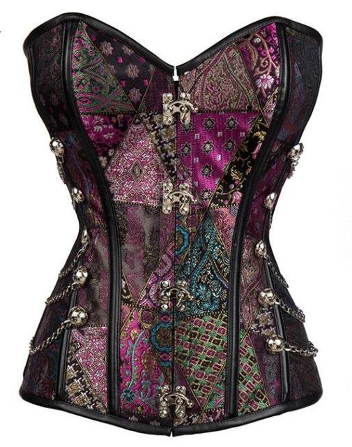 TOPMELON Gothic Corset and Wasit Cincher for Women Retro Steampunk Bustier Top with Chains Purple Slimming Floral Corselet