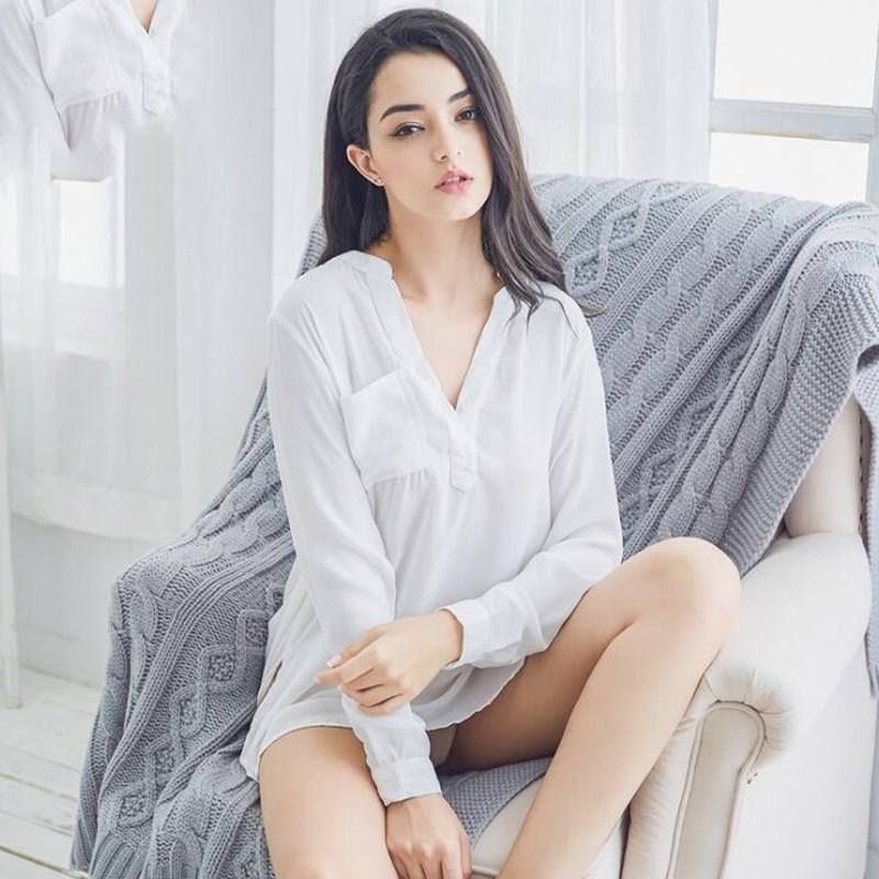 Sexy Sleepwear Women Nightdress Solid Long Sleeve Nighties Lounge Sleepwear Midi Shirt Dress Nightshirt Homewear Nighty Dress