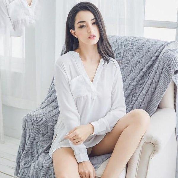 Sexy Sleepwear Women Nightdress Solid Long Sleeve Nighties Lounge Sleepwear Midi Shirt Dress Nightshirt Homewear Nighty Dress