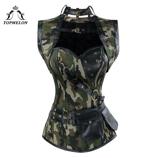 TOPMELON Camouflage Corset Army Green Tops for Women Cut Out Overbust Strapless Corsets with Choker Slim Bustiers with Pockets