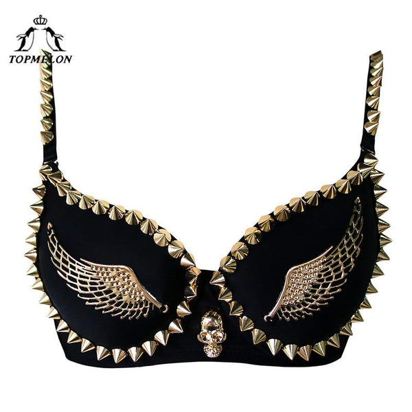 TOPMELON Steampunk Bustier Corselet Gothic Sexy Corset Women Push UP Rivet Wings Pattern Party Shows Club Bra Crop Tops Vest