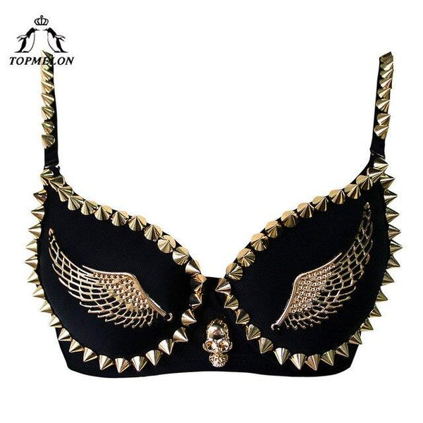 TOPMELON Steampunk Bustier Corselet Gothic Sexy Corset Women Push UP Rivet Wings Pattern Party Shows Club Bra Crop Tops Vest