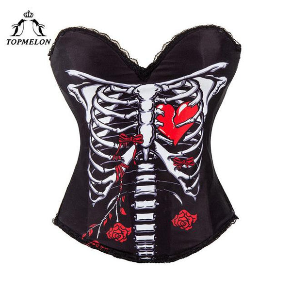 TOPMELON Halloween Corset Waist Trainer Steampunk Bustier Gothic Corselet Sexy Corset Women Black Lace Skull Pattern Corset Tops