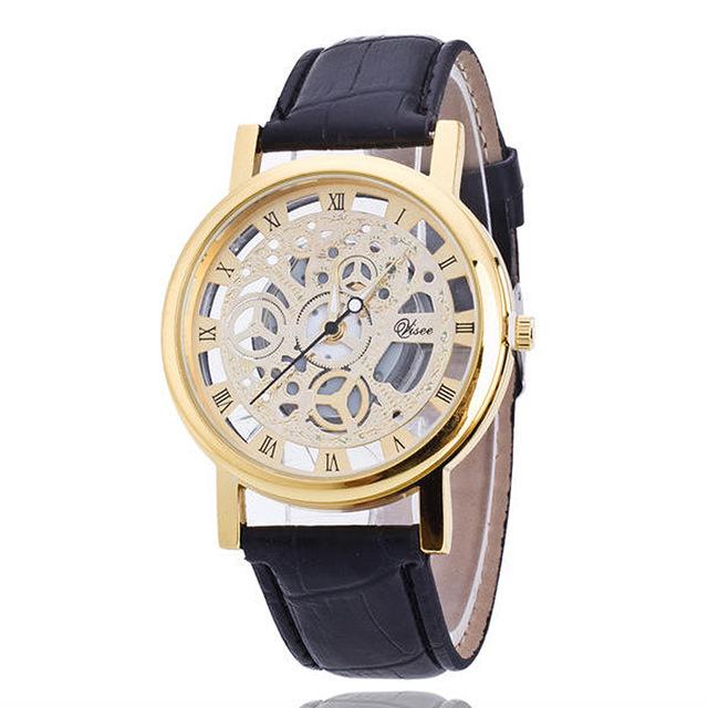 TIke Toker Fashion Skeleton Watch Men Women Engraving Hollow Reloj Hombre Dress Quartz Wristwatch Leather Clock Relojes Mujer