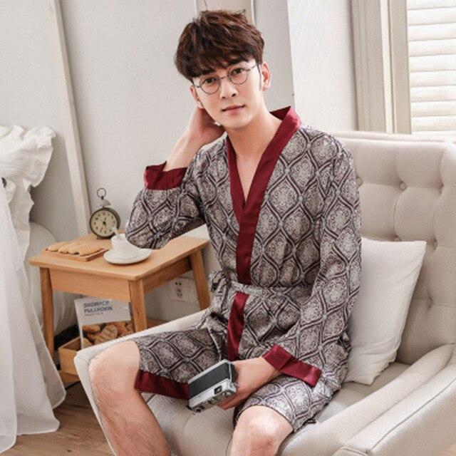 Faux Silk Robes Men Nightgown Dressing Gown Kimono Pijama Men Satin Robe Bath Sleepwear Long Mens Cardigans Badjas Mannen S506
