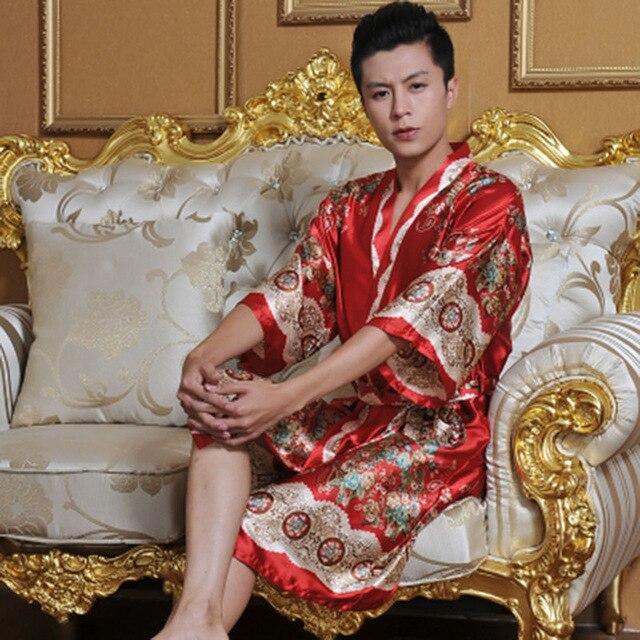 Faux Silk Robes Men Nightgown Dressing Gown Kimono Pijama Men Satin Robe Bath Sleepwear Long Mens Cardigans Badjas Mannen S506