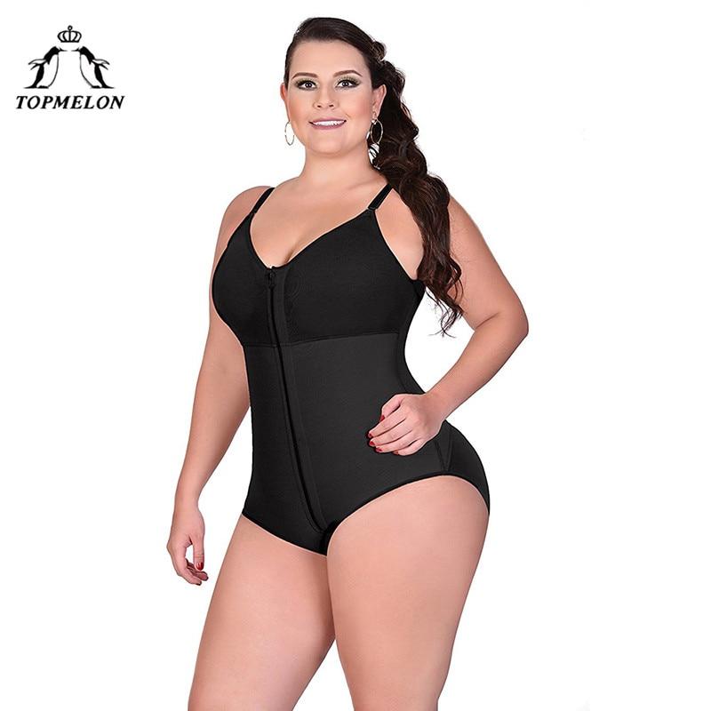 TOPMELON S-6XL lingerie Women Body Shaper Plus Size Front Zipper Tummy Trimmer Bodyshaper Black Beige Slimming Underwear
