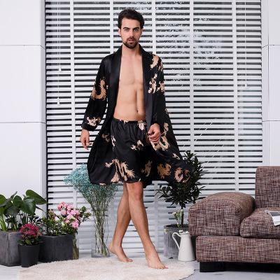 Two-piece Suit Male Silk Dressing Gown Extra large Robe With Dragons Mens Satin Bathrobe Silk Kimono Men 1287