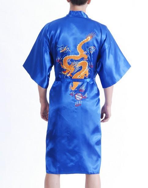 New Year Fashion Blue Male Satin Polyester Night Gown Chinese Embroidery Robe Dragon Kimono Gown Size S M L XL XXL XXXL MR037