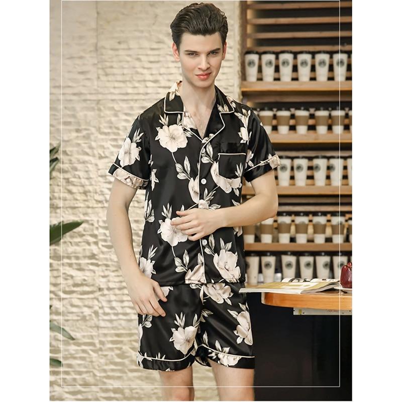 2018 New Men Satin Silk Sleepwear Print Set Short Sleeve and Shorts Pajamas Shorts Soft Nightgown Spring and Summer Homewear