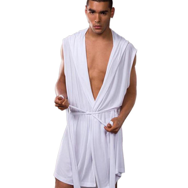 YJSFG HOUSE Sexy New Men Robe Sets Summer Men's Sleep Lounge Belt Ice Silk Robe Gown Bathrobe Nightgown Sleeveless Hooded Robes