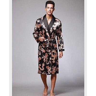 2018 Men New Long Sleeve Silk Nightgown Spring Autumn Luxury Bathrobe Male Print Pajamas Sexy Home Clothes Open Stitch Sleepwear
