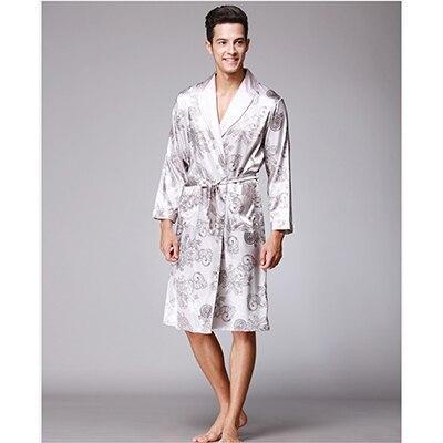 2018 Men New Long Sleeve Silk Nightgown Spring Autumn Luxury Bathrobe Male Print Pajamas Sexy Home Clothes Open Stitch Sleepwear